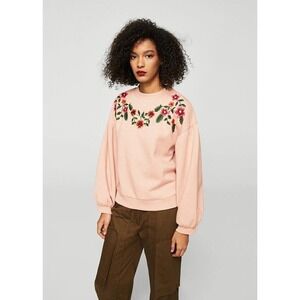 Mango Floral Embroidered Cuff Bow Sweatshirt Size XS